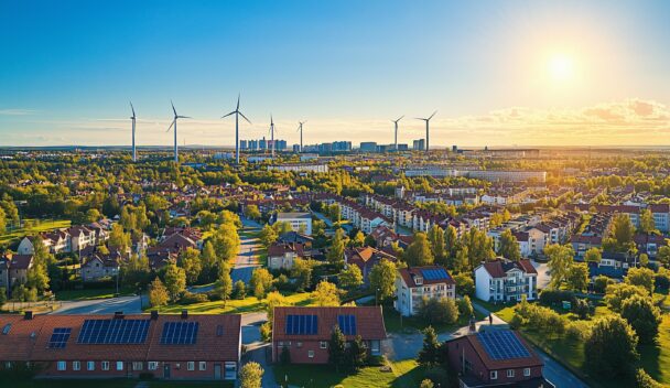 Bild över en tätort med förnybar energi